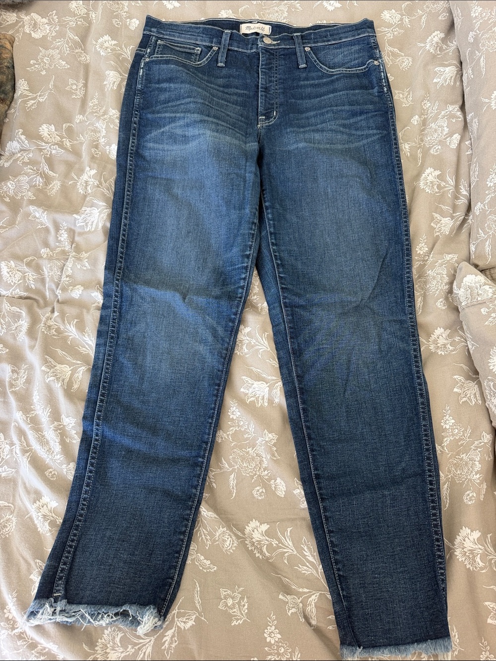 Madewell Dark Blue Straight Leg Jeans with Frayed Hem